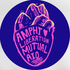 Alma Logo in hot pink in the shape of an anatomical heart. Inside the heart it says Amphi Liberation Mutual Aid